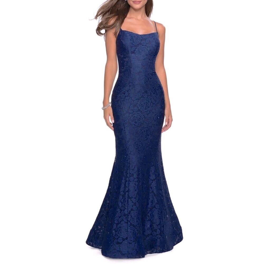 NEW La Femme Navy Blue Lace Mermaid Formal Dress Gown - Picture 2 of 8